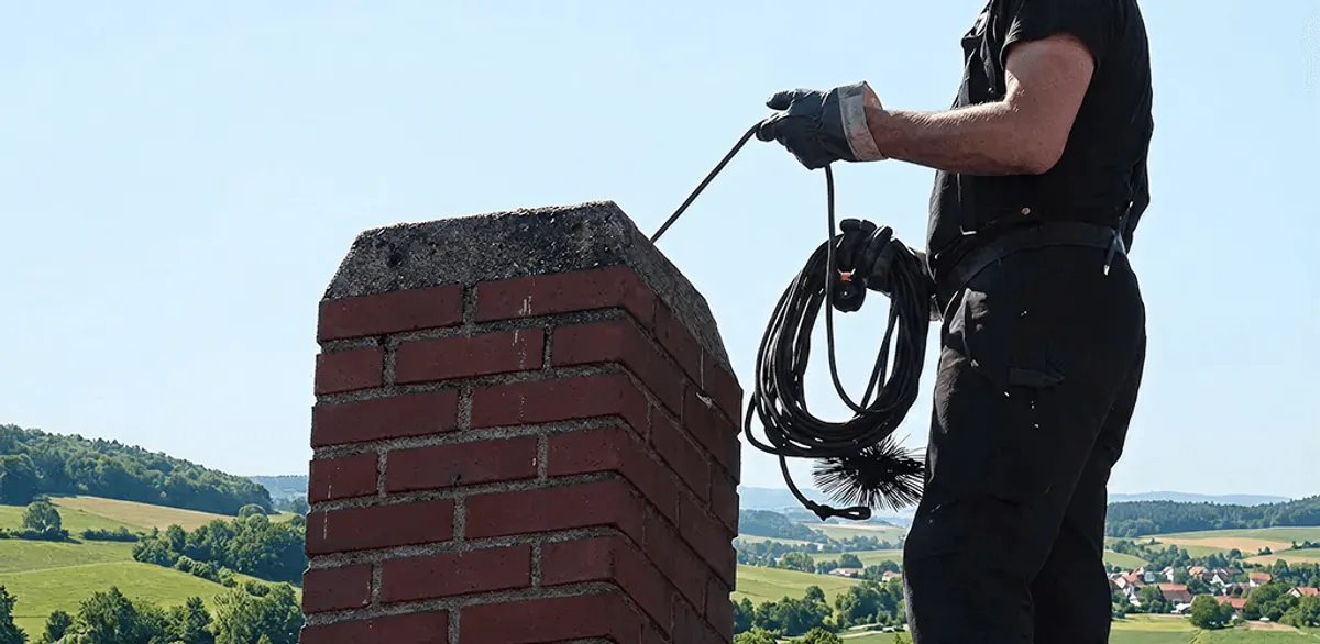 Chimney sweep inspecting and cleaning a rooftop chimney in Aurora, CO