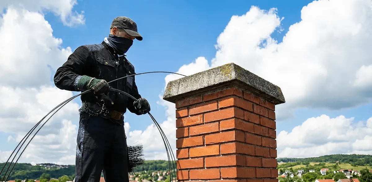 Chimney sweep cleaning a brick chimney with professional tools in Aurora, CO
